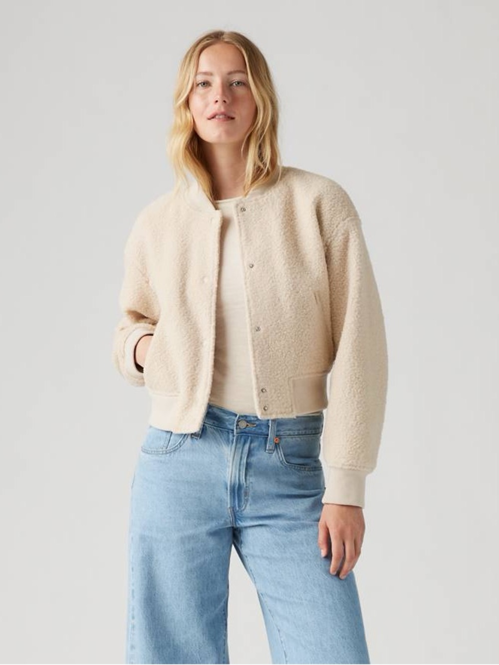 Levis Cropped Varsity Bomber Jacket color tan size M